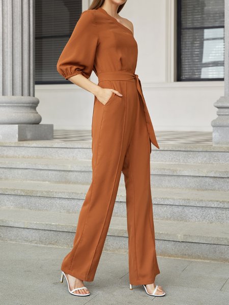 

Work One Shoulder Elegant A-Line Jumpsuit & Romper, Coffee, Bottoms