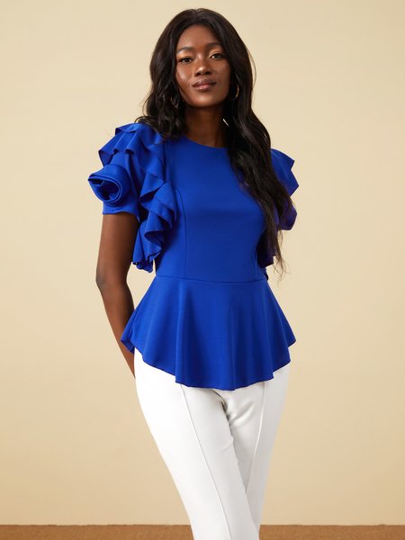 

Solid Elegant Short Sleeve Crew Neck Flouncing Top, Blue, Blouses and Shirts