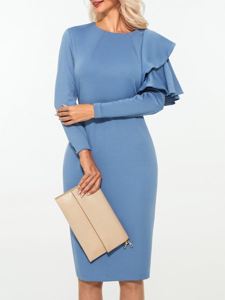 

Elegant Flouncing Crew Neck Plain Long Sleeve Dress, Grey-blue, Dresses