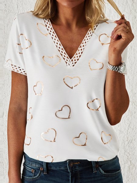 

Regular Fit V Neck Casual Short Sleeve T-Shirt, White, Tops