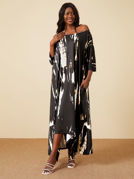 

Round Neck Loosen Casual Maxi Dress, Black-brown, Dresses