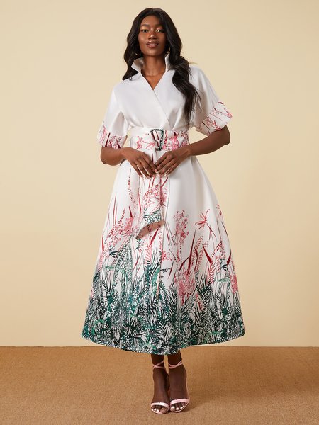 

Floral Elegant Regular Fit Short Sleeve Woven Dress, White, Dresses