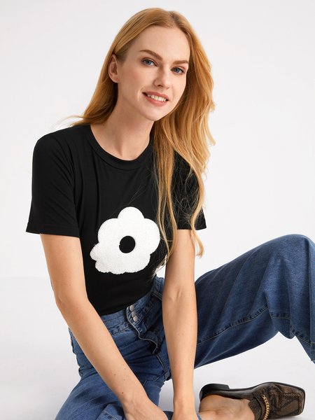 

Simple Floral Skinny Crew Neck Short Sleeve T-Shirt, Black, Tees