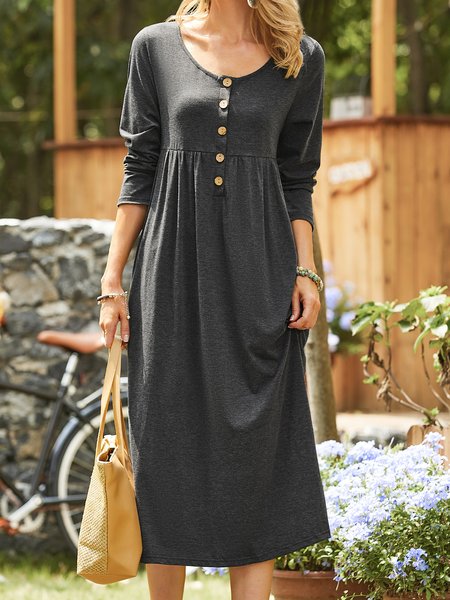 

Cotton mixed plain button simple midi Dress, Blue, Dresses