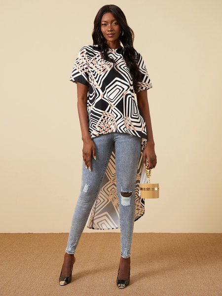 

Daily Printed Crew Neck Short Sleeve Top, Black, Blouses and Shirts