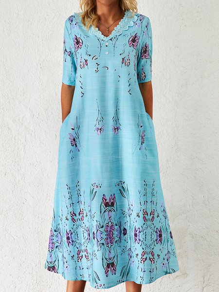 

Floral Vacation Regular Fit Short Sleeve Woven Dress, Blue, Dresses