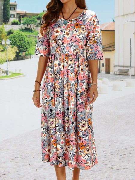 

Loosen Casual Floral Short Sleeve Woven Dress, Deep blue, Dresses