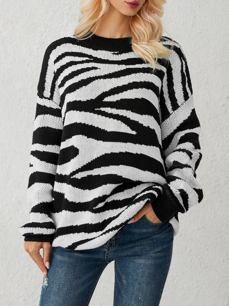 

White Zebra Knitted Casual Sweater, Sweaters