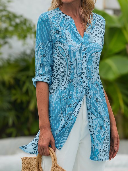 

Floral V Neck Cotton Blends Long Sleeve Blouse, Blue, Shirts & Blouses