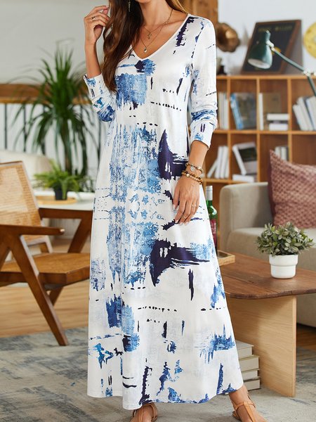 

Geometric V Neck Casual Dress, Blue, Dresses