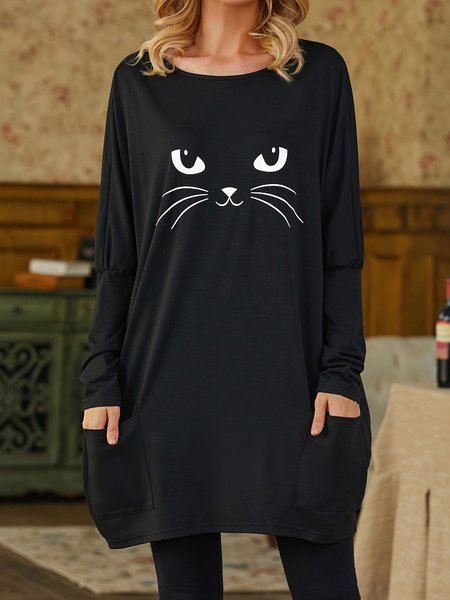 

Loose Crew Neck Cat Halloween T-Shirt, Pink, T-Shirts