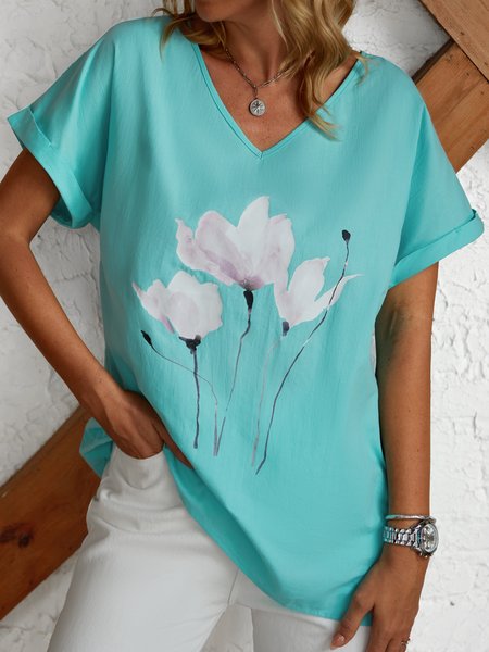 

Floral Cotton V Neck Short Sleeve Tops, Cyan, Shirts & Blouses