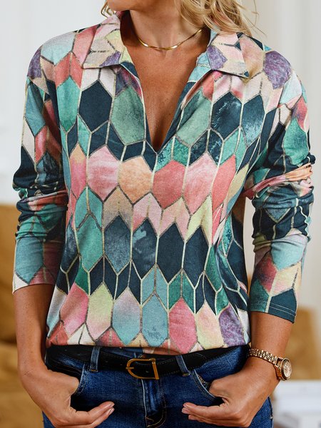 

Color-Block Long Sleeve Shirt Collar Abstract Blouse, As picture, Tops