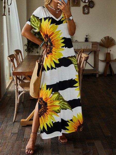 

Casual Sunflower Short Sleeve V Neck Plus Size Printed Dress, Yellow, Maxi