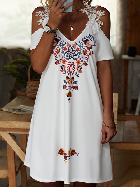 

Boho Tribal Loosen Short Sleeve Knit Dress, White, Dresses
