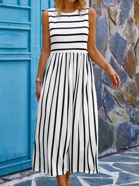 

Casual Crew Neck Short Sleeve Knit Dress, Black-white, Midi