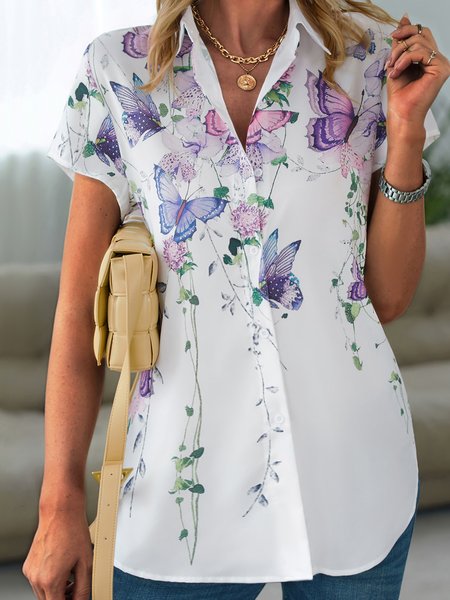 

Loosen Vacation Shirt Collar Short Sleeve Tops, White, Shirts & Blouses