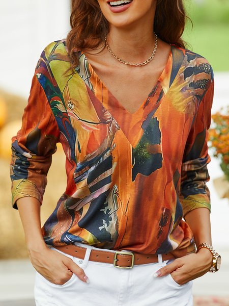 

Casual V Neck Famous Painting T-Shirt, Multicolor, T-Shirts