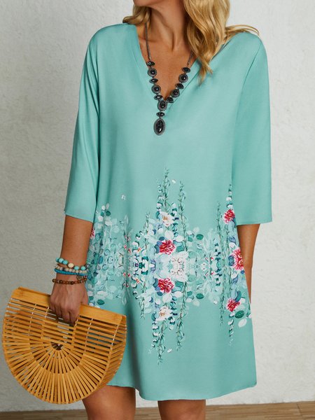 

Floral Casual V Neck Regular Fit Short Sleeve Woven Dress, Green, Dresses