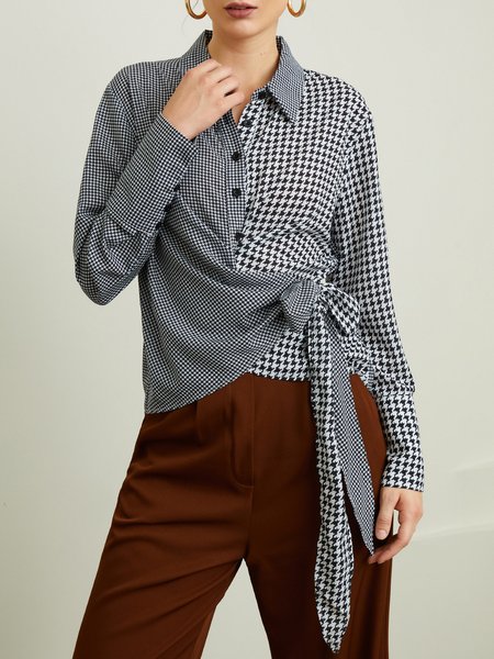 

Elegant Houndstooth Long Sleeve Shirt Collar Blouse, Black, Blouses and Shirts