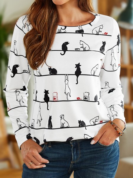 

Cute Cat Crew Neck Long Sleeve Casual Top, Gray, Sweatshirts & Hoodies