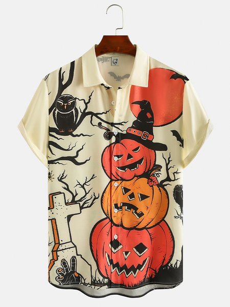 

Cotton Linen Halloween Print Casual Short Sleeve Shirt, As picture, Men's Floral shirt