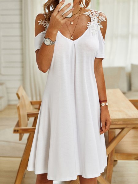 

Casual Short Sleeve V Neck Dress, White, Short