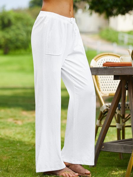 

Women Plain Summer Casual Natural No Elasticity Loose Wide leg pants Cotton Long Casual Pants, White, Pants