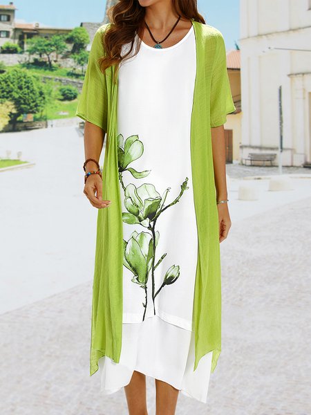 

Two Piece Casual Round Neck Floral Print Linen Half Sleeve Solid Short sleeve Woven Dress, Blue, Dresses