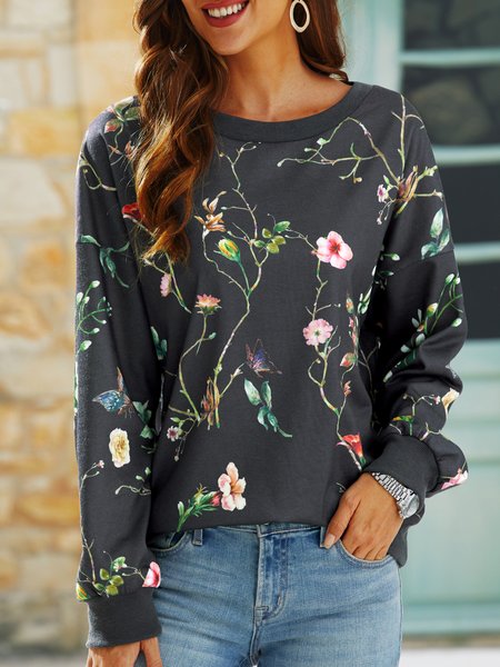 

Loose Crew Neck Floral Casual Sweatshirt, Gray, Sweatshirts & Hoodies
