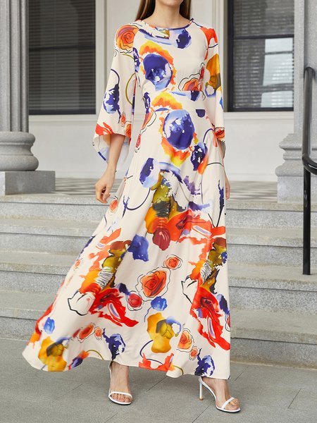 

Regular Fit Abstract Crew Neck Dress, Multicolor, Maxi Dresses