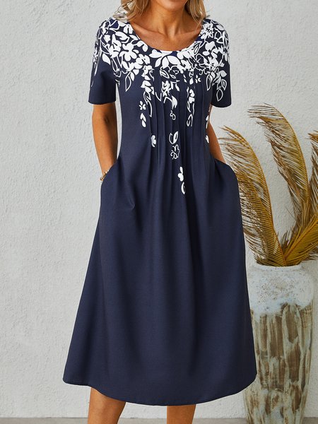 

Floral Casual Short Sleeve Pockets A-Line Dress, Dark blue, Midi