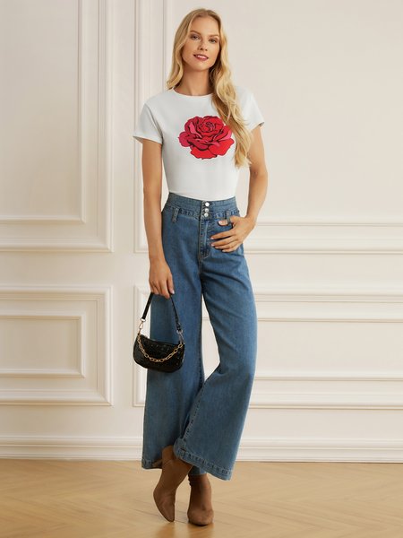 

Elegant Crew Neck Regular Fit Short Sleeve Blouse, White, Blouses and Shirts
