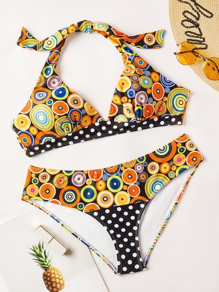 

Vacation Floral Printing V neck Bikinis Two-Piece Set, Yellow, swimwear>>Bikini Sets