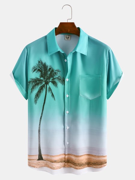 

Men's Cotton Linen Gradient Coconut Tree Print Short Sleeve Shirt, Blue, Men's Floral shirt