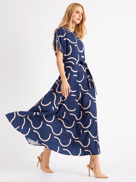 

Regular Fit Crew Neck Short Sleeve Woven Dress, Blue, Dresses