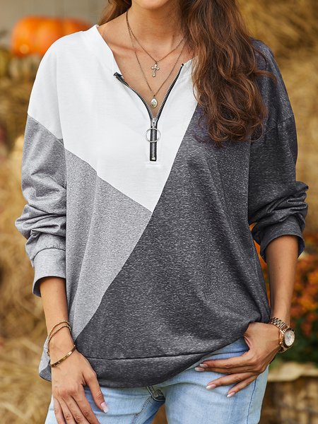 

Plain color block zipper loose sweater, Green, Sweatshirts & Hoodies