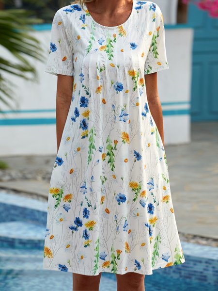 

Crew Neck Cotton Blends Floral Short Sleeve Knit Dress, Multicolor, Dresses