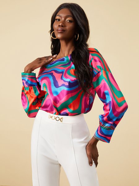 

Off Shoulder Abstract Regular Fit Vacation Top, Red, Blouses and Shirts