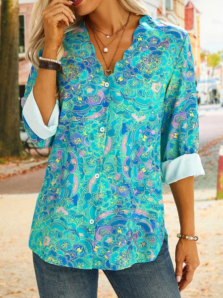 

Printed Casual Long Sleeve Tunic Blouse, As picture, Shirts