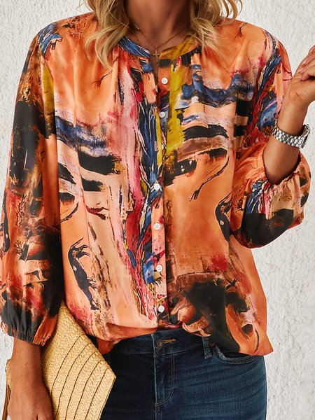 

Abstract Vacation Long Sleeve Blouse, Multicolor, T-Shirts