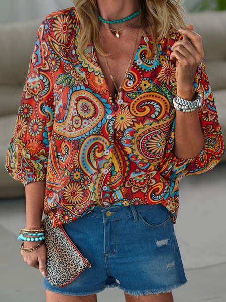 

V neck Casual Paisley Loosen Short Sleeve Blouse, Red, Shirts & Blouses