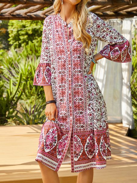 

5 Colors Summer Bohemian Style V Neck Sexy Printed Weaving Dress, Khaki, Dresses