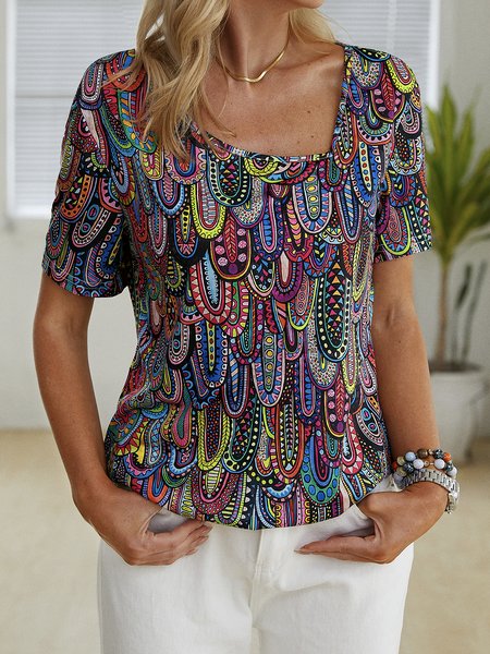 

Color Block Asymmetrical Neck Vacation Top, Multicolor, Tops