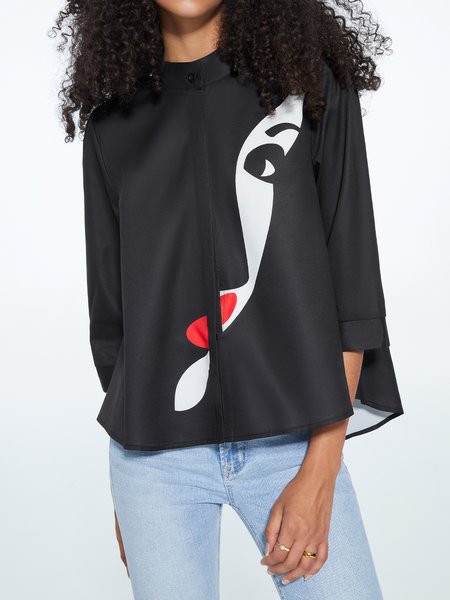 

Urban Stand Collar Figure Loose Blouse, Black, Blouses and Shirts