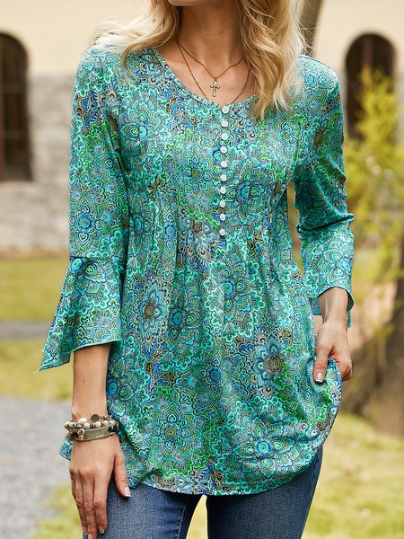 

V Neck Ethnic Casual Top, Blue, Tops