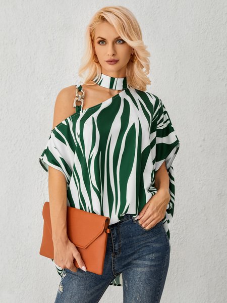 

Elegant Striped Off The Shoulder Printed Short Sleeve Top, Green, Blouses and Shirts