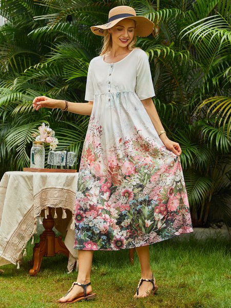 

Floral Casual Regular Fit Short Sleeve Woven Dress, White, Dresses