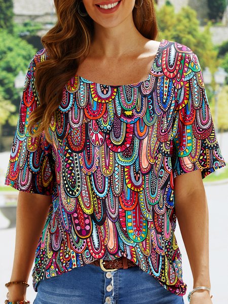 

Color Block Asymmetrical Neck Vacation Top, Multicolor, T-Shirts