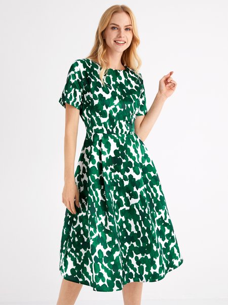 

Regular Fit Crew Neck Elegant Short Sleeve Woven Dress, Green, Dresses